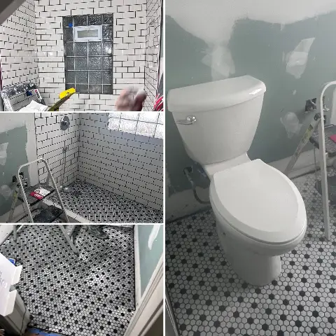 Bathroom renovation with hexagonal floor tiles and new fixtures